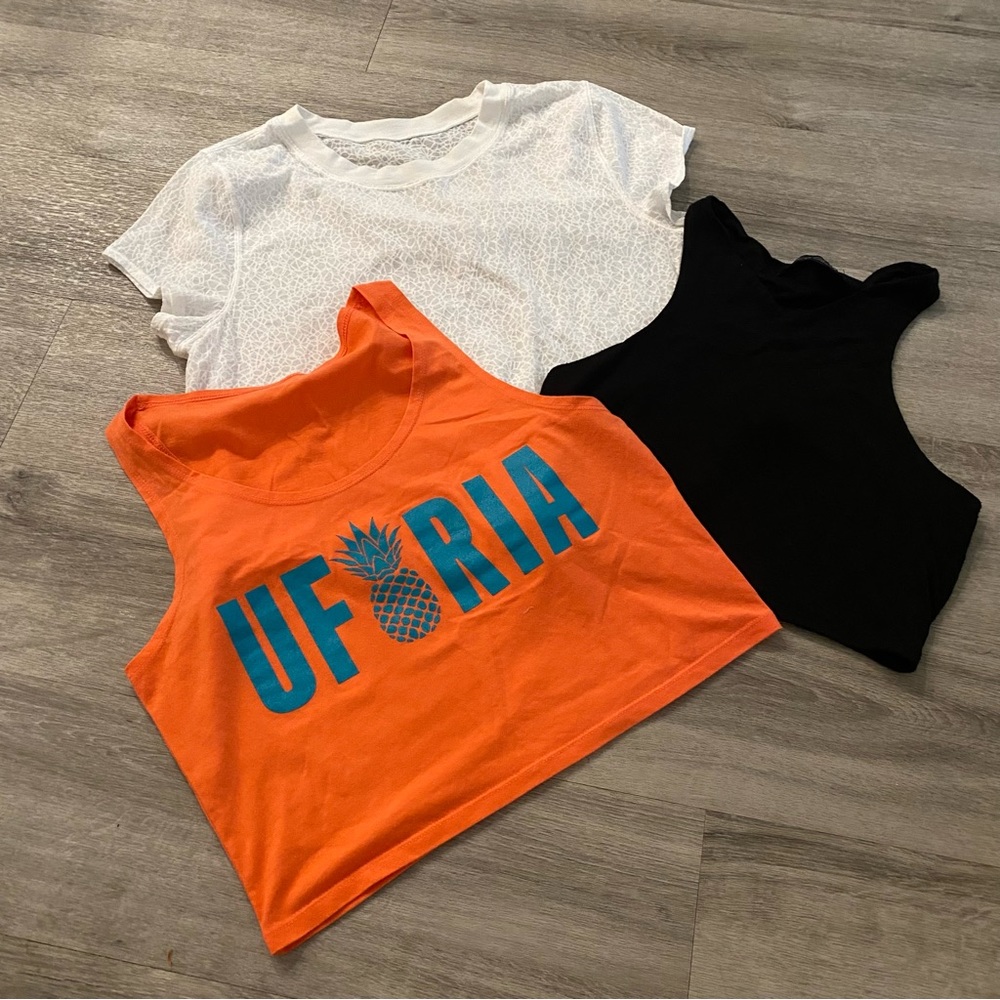Bundle of three crop tops: white tee, black tank & orange pineapple